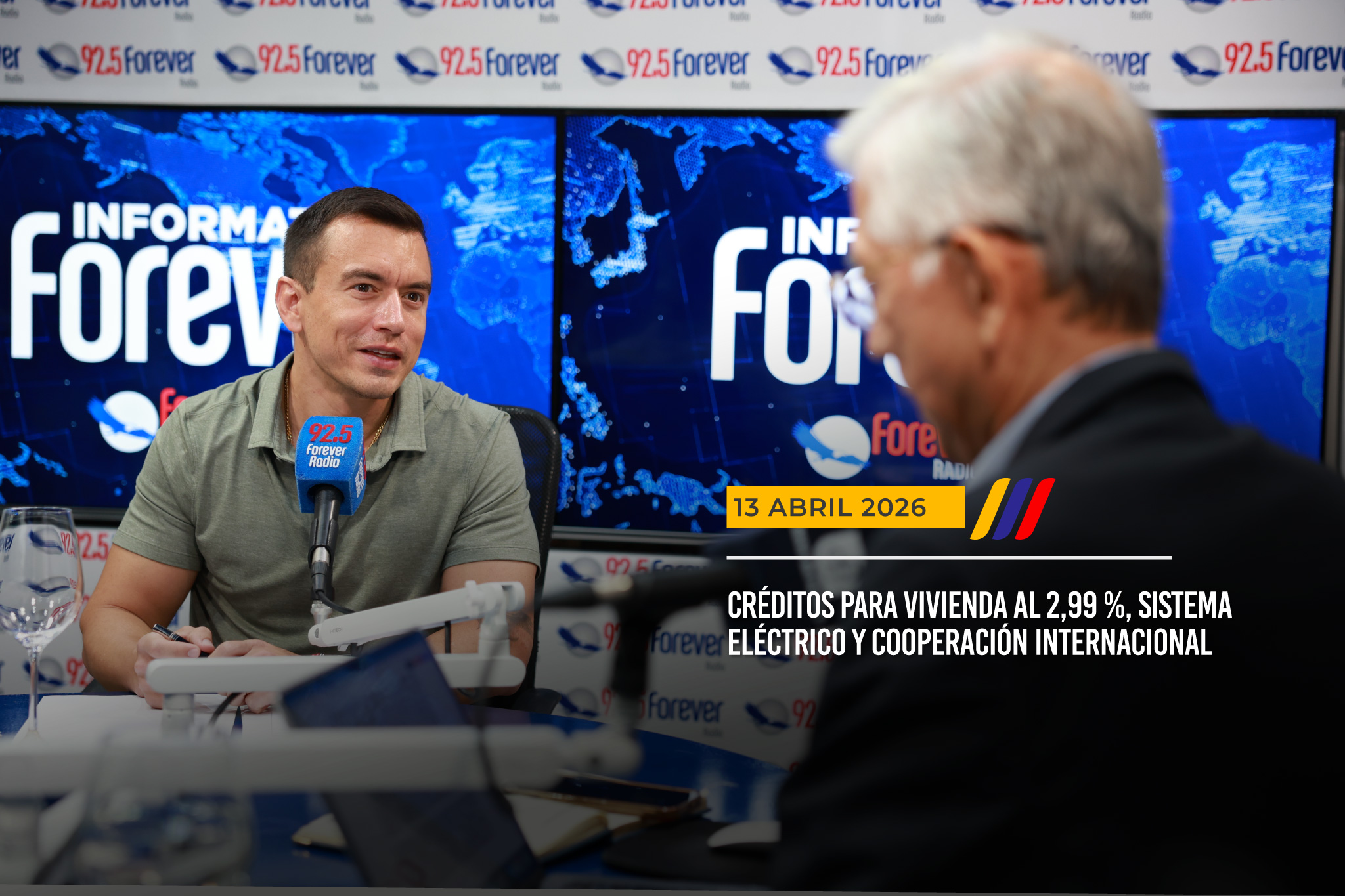 Economía, cooperación internacional, seguridad energética, acceso a vivienda, entre otros, fueron abordados por el presidente Noboa en una entrevias radial