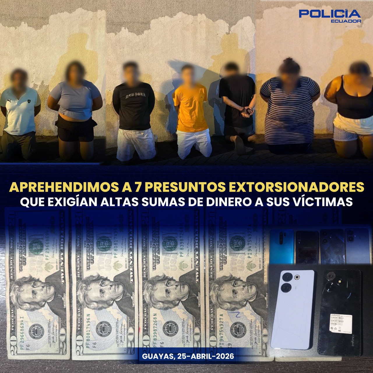 Policia de Ecuador detiene a 7 sujetos por el delito de extorsión
