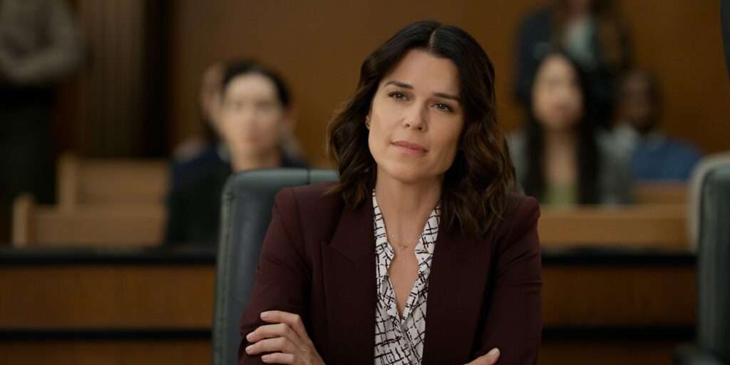 "Woman in a blazer sits with folded arms in a courtroom, looking thoughtful; blurred audience members are seated behind her, suggesting a legal proceeding or trial setting."
